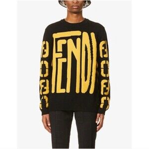Fendi Black & Yellow Logo Intarsia Knit Wool Sweater Size M